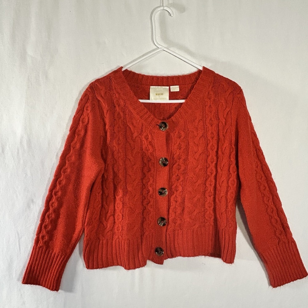 Anthropologie Maeve Chunky Cable Knit Cardigan Sweater Orange Red Button Small